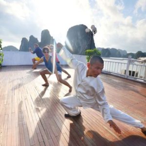 tai chi exercise in halong bay