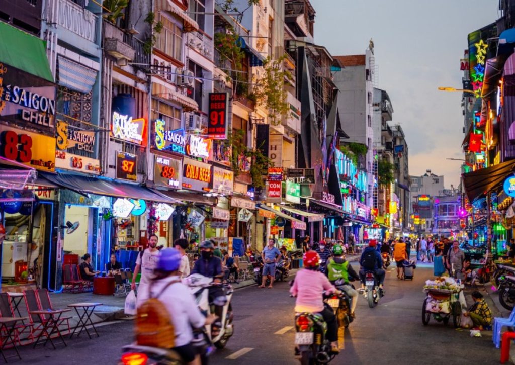 Busy night scene at Bui Vien Walking Street in Ho Chi Minh City